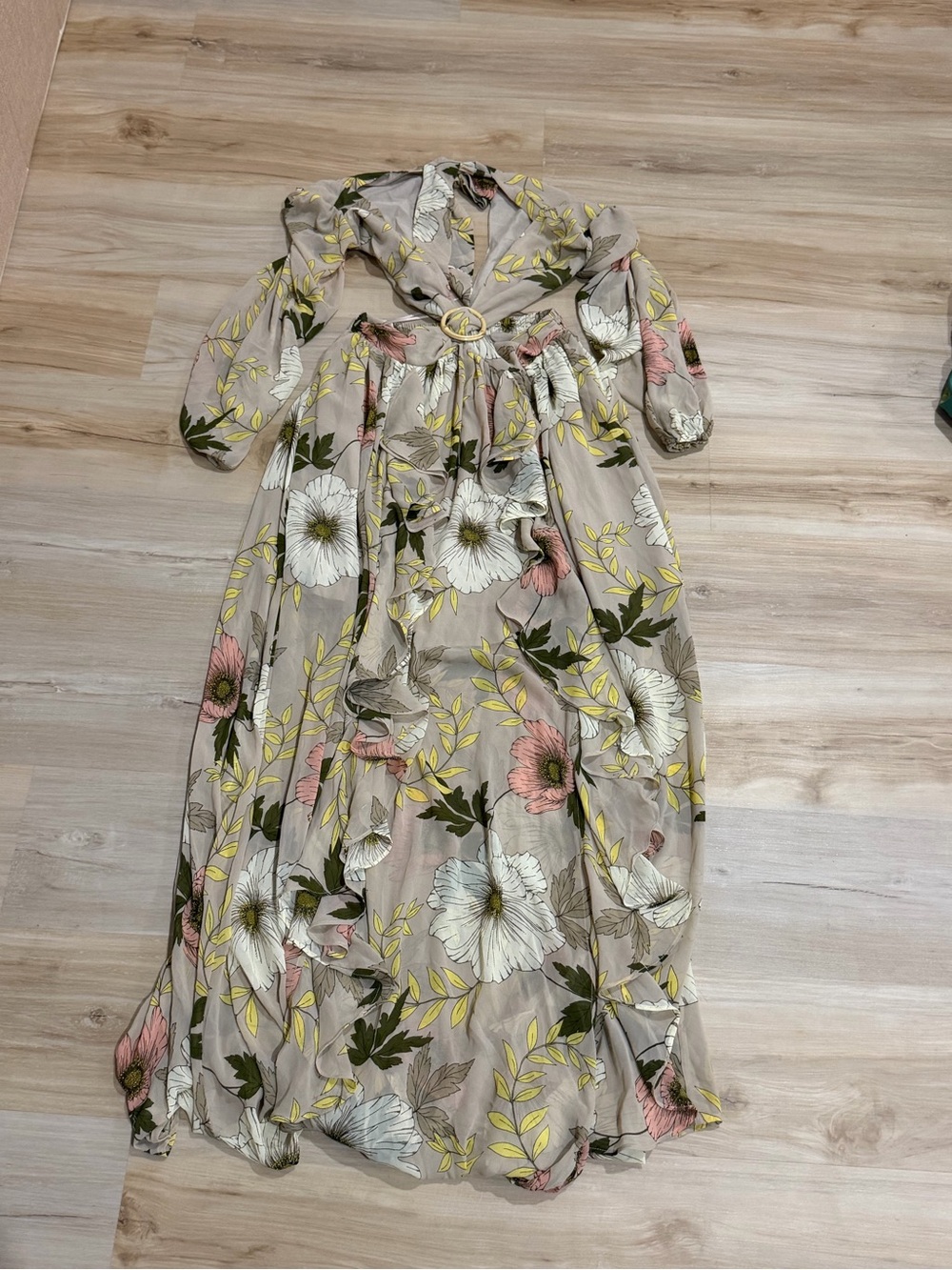 Vici Beige Maxi Dress with Pink, White & Yellow Floral Print